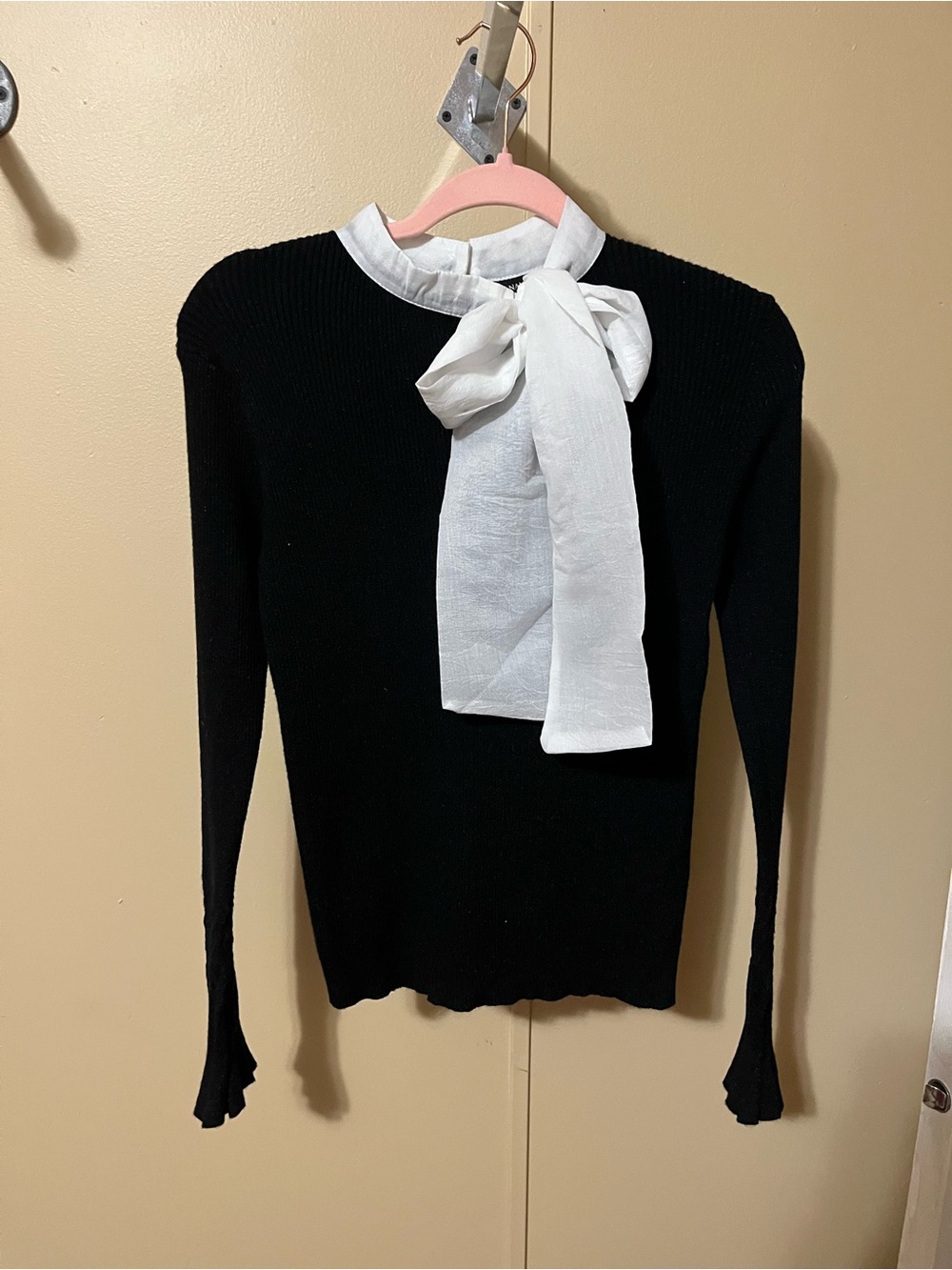 Women's Black Knit Sweater with White Bow Neck